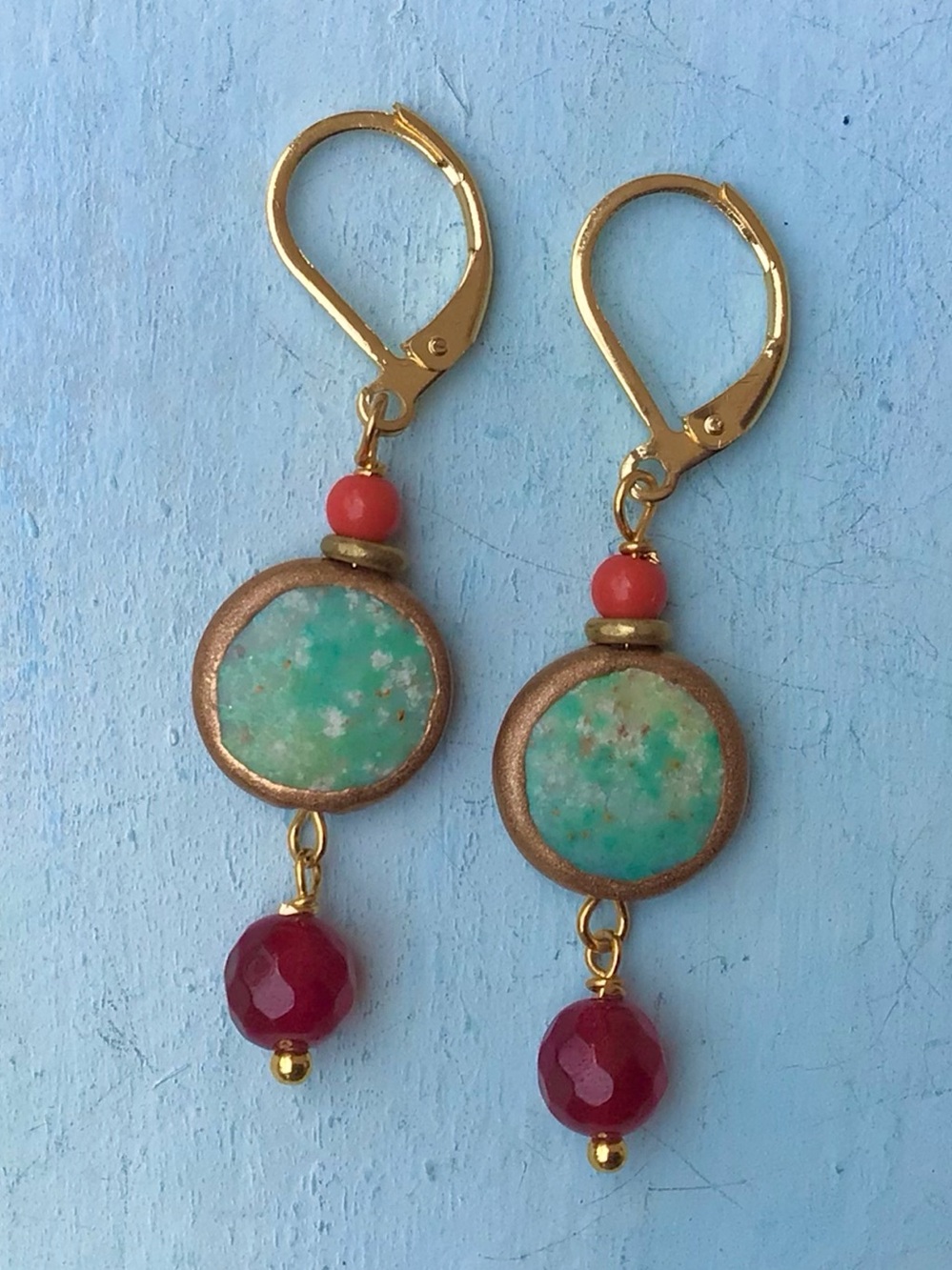 Turquoise Garnet Gold Edge Sundance Charm Earrings